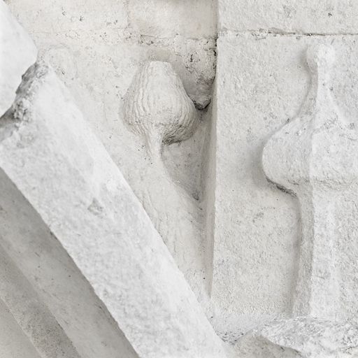 Logis des Hôtes : détail d'un fruit sculpté dans les moulures de la porte d'entrée principale.