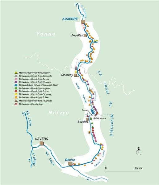 Carte générale schématique du canal du Nivernais avec la répartition des typologies de maisons éclusières.