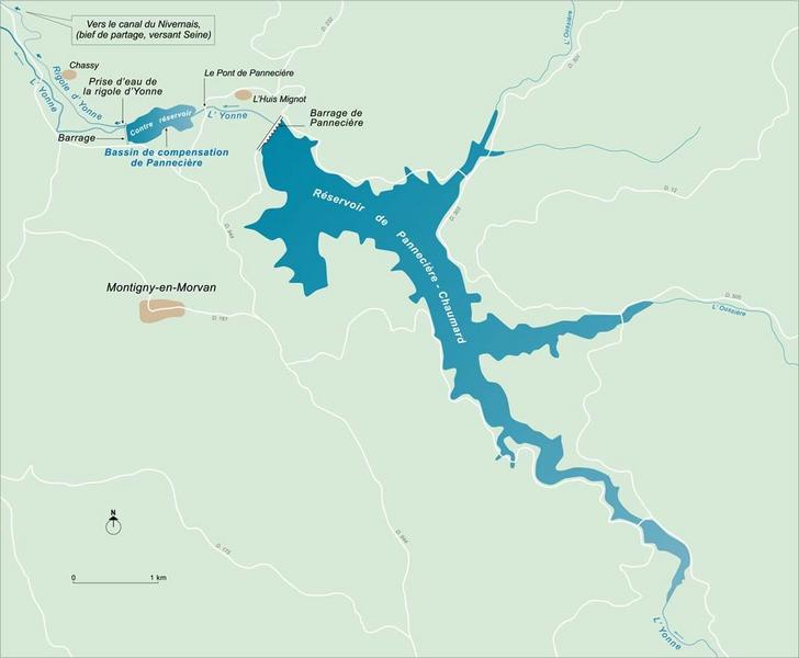 Carte schématique de l'ensemble du réservoir de Pannecière.