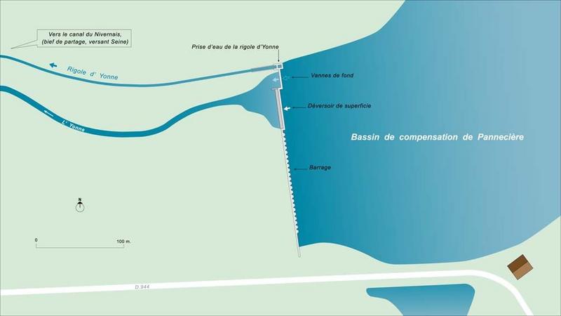 Carte schématique du bassin de compensation et de la prise d'eau de la rigole d'Yonne.