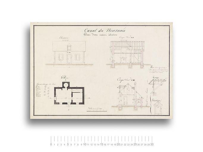 'Dessin d'une maison éclusière'. Plan, coupe et élévation. Il s'agit d'une maison de type Chanoine.