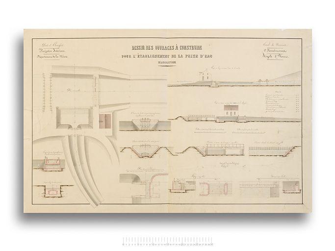'Dessin des ouvrages à construire pour l'établissement de la prise d'eau de la rigole d'Yonne'. Plan, coupe et élévation.