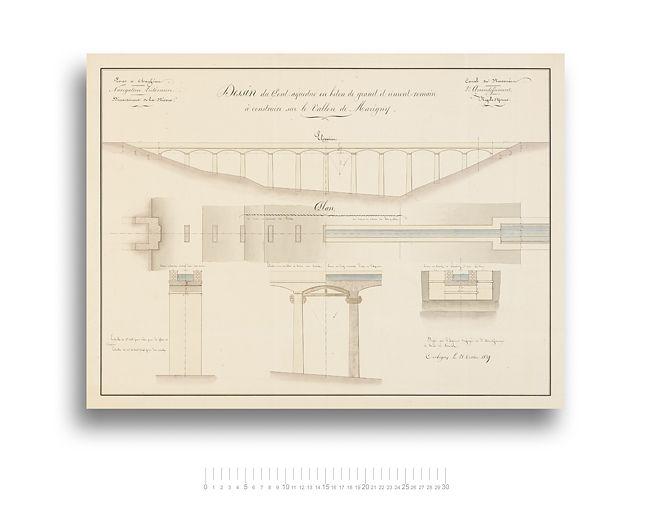 'Dessin du pont-aqueduc en béton de granit et ciment romain à construire sur le vallon de Marigny'. Plan, coupe et élévation.