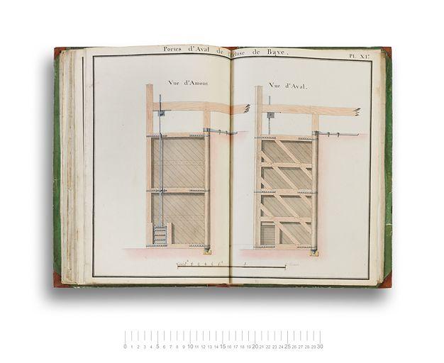 'Portes d'Aval de l'écluse de Baye'. Planche XIe de la 'Description du canal du Nivernais tel qu'il a été projeté pour la navigation du Bois, suivie d'un projet économique pour son extension tendant à la faire servir au commerce en général'. Par le Sieur Hageau, Ingénieur en second dudit canal. 1790.