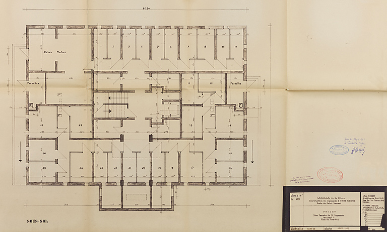 Bâtiment A à K : troisième tranche de 52 logements, bâtiment G, plan du sous-sol ; L. Robert, G. Denise, avril 1965. (Archives municipales Cosne-Cours-sur-Loire, 200 W 20 - PC 821)