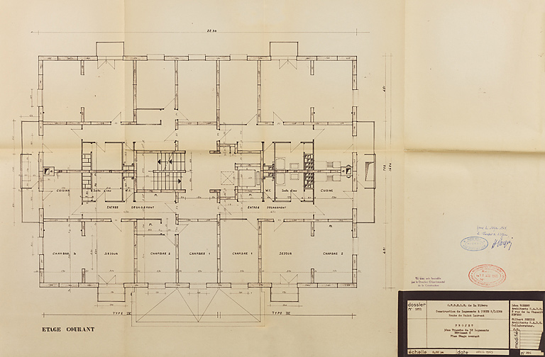 Bâtiment A à K : troisième tranche de 52 logements, bâtiment G, plan d'étage courant ; L. Robert, G. Denise, avril 1965. (Archives municipales Cosne-Cours-sur-Loire, 200 W 20 - PC 821)