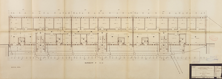 Bâtiment A à K : troisième tranche de 52 logements, bâtiment F, plan du sous-sol ; L. Robert, G. Denise, avril 1963. (Archives municipales Cosne-Cours-sur-Loire, 200 W 20 - PC 821)