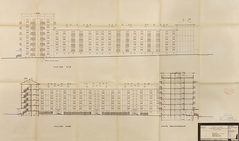 Bâtiment A à K : troisième tranche de 52 logements, bâtiments F et G, élévations des façades nord et sud, coupes ; L. Robert, G. Denise, mai 1965. (Archives municipales Cosne-Cours-sur-Loire, 200 W 20 - PC 821)