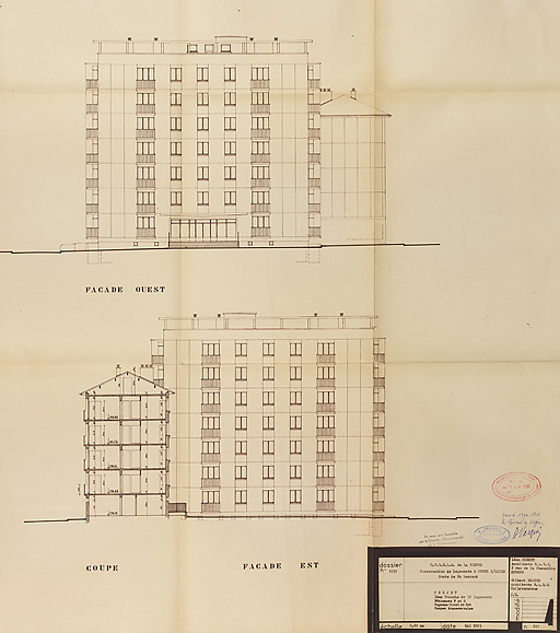 Bâtiment A à K : troisième tranche de 52 logements, bâtiments F et G, élévations des façades est et ouest, coupe ; L. Robert, G. Denise, mai 1965. (Archives municipales Cosne-Cours-sur-Loire, 200 W 20 - PC 821)