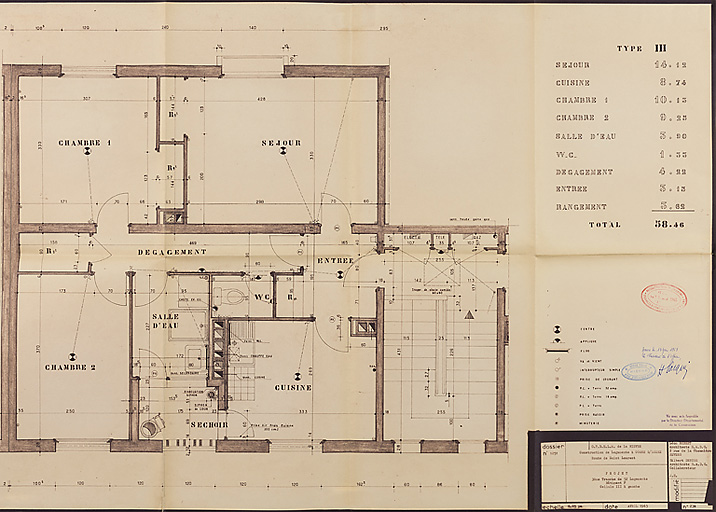 Bâtiment A à K : troisième tranche de 52 logements, bâtiment F, plan d'une cellule T3 ; L. Robert, G. Denise, avril 1965. (Archives municipales Cosne-Cours-sur-Loire, 200 W 20 - PC 821)