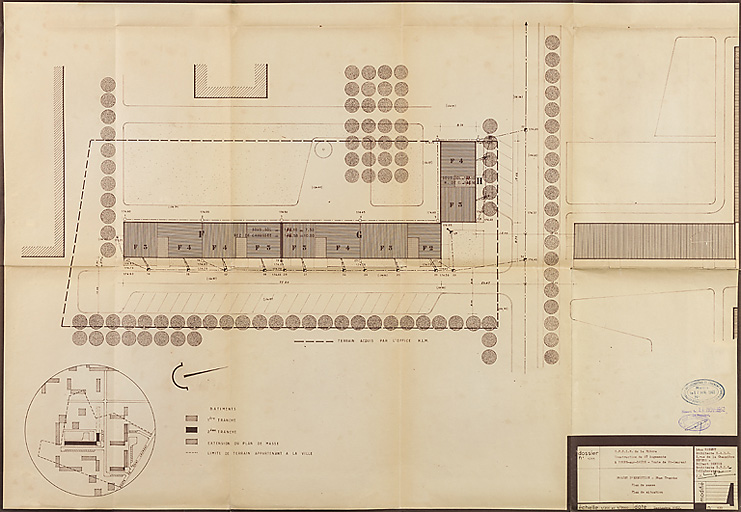 Bâtiment A à K : deuxième tranche, bâtiment E, plan de masse et de situation ; L. Robert, G. Denise, septembre 1962. (Archives municipales Cosne-Cours-sur-Loire, 200 W 12 - PC 592)