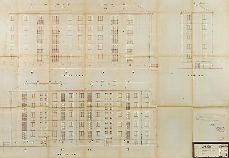 Bâtiment A à K : deuxième tranche, bâtiment E, élévations des façades ouest, est et sud ; L. Robert, G. Denise, septembre 1962. (Archives municipales Cosne-Cours-sur-Loire, 200 W 12 - PC 592)
