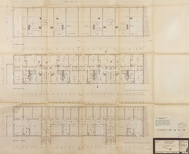 Bâtiment A à K : deuxième tranche, bâtiment E, plan du sous-sol, d'étage courant et des combles ; L. Robert, G. Denise, septembre 1962. (Archives municipales Cosne-Cours-sur-Loire, 200 W 12 - PC 592)