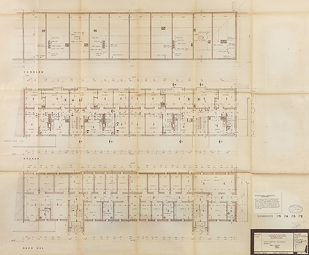 Bâtiment A à K : deuxième tranche, bâtiment E, plan du sous-sol, d'étage courant et des combles ; L. Robert, G. Denise, septembre 1962. (Archives municipales Cosne-Cours-sur-Loire, 200 W 12 - PC 592)