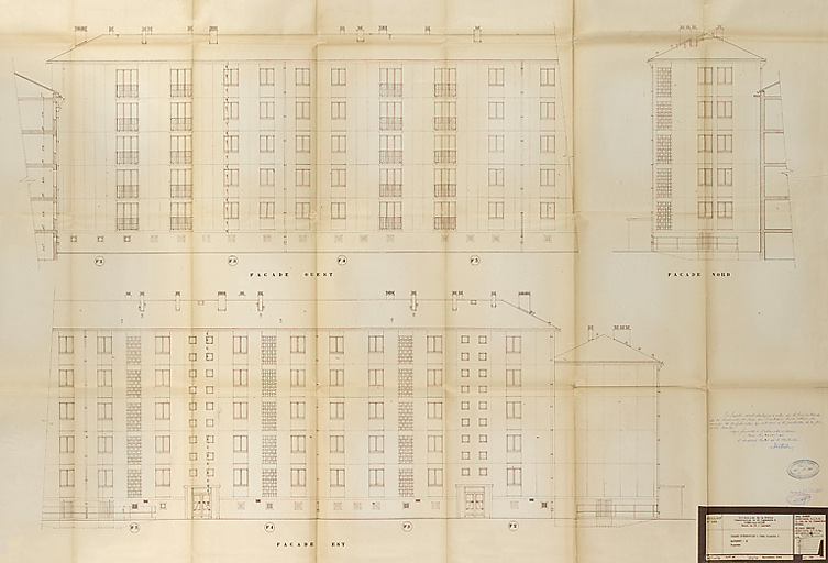 Bâtiment A à K : deuxième tranche, bâtiment E, élévations des façades ouest, est et nord ; L. Robert, G. Denise, septembre 1962. (Archives municipales Cosne-Cours-sur-Loire, 200 W 12 - PC 592)