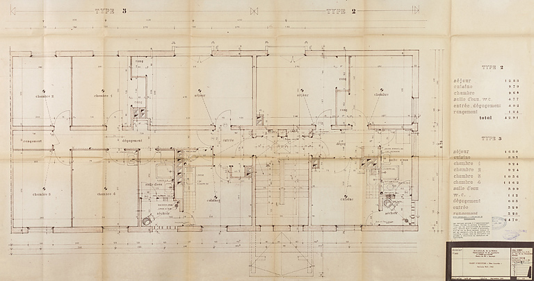 Bâtiment A à K : deuxième tranche, bâtiment E, plan de cellules T2 et T5 ; L. Robert, G. Denise, septembre 1962. (Archives municipales Cosne-Cours-sur-Loire, 200 W 12 - PC 592)