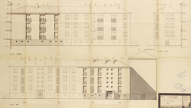Bâtiment A à K : première tranche de 48 logements, bâtiments A et C, élévations des façades ouest, est et nord ; L. Robert, G. Denise, décembre 1961. (Archives municipales Cosne-Cours-sur-Loire, 200 W 11 - PC 542)