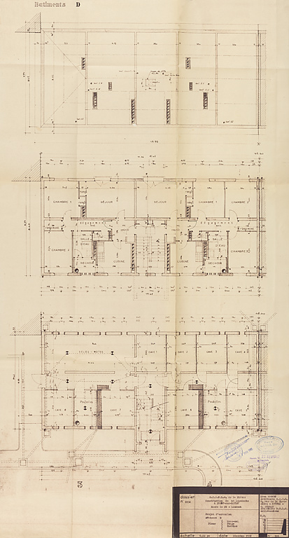 Bâtiment A à K : première tranche de 48 logements, bâtiment D, plans du sous-sol, d'étage courant et des combles ; L. Robert, G. Denise, décembre 1961. (Archives municipales Cosne-Cours-sur-Loire, 200 W 11 - PC 542)