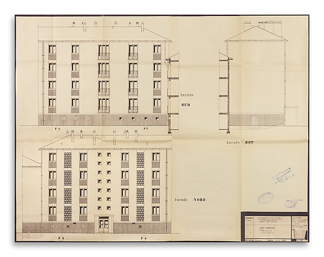 Bâtiment A à K : première tranche de 48 logements, bâtiment D, élévations des façades sud, nord et est ; L. Robert, G. Denise, décembre 1961. (Archives municipales Cosne-Cours-sur-Loire, 200 W 11 - PC 542)