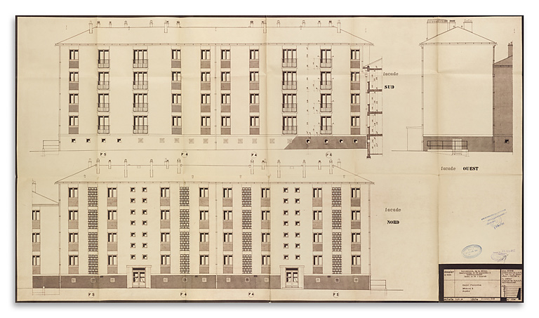 Bâtiment A à K : première tranche de 48 logements, bâtiment B, élévations des façades sud, nord et ouest ; L. Robert, G. Denise, décembre 1961. (Archives municipales Cosne-Cours-sur-Loire, 200 W 11 - PC 542)