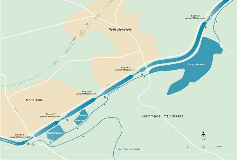 Carte schématique de l'alimentation de l'échelle d'écluses d'Ecuisses.