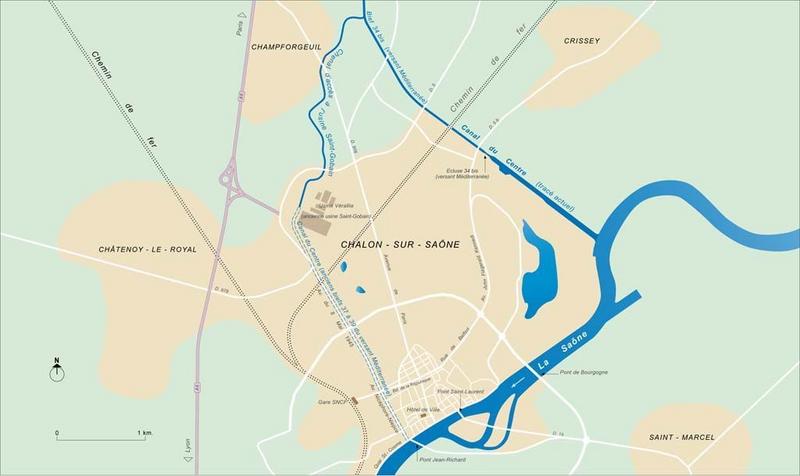 Carte schématique de l'ancien tracé du canal du Centre dans la ville de Chalon-sur-Saône.