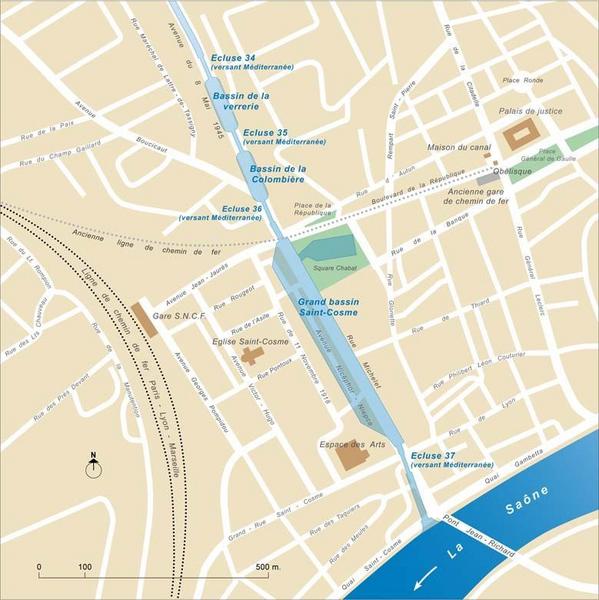 Carte schématique de l'ancien tracé du canal du Centre dans la ville de Chalon-sur-Saône. Détail.