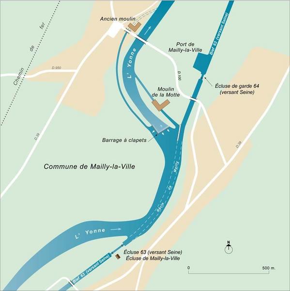 Carte schématique de la râcle de Mailly-la-Ville, du barrage et du port.