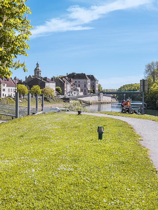 Vue rapprochée de la rive gauche de la Saône : les quais à gradins et l'église Saint-Martin se dégagent nettement.