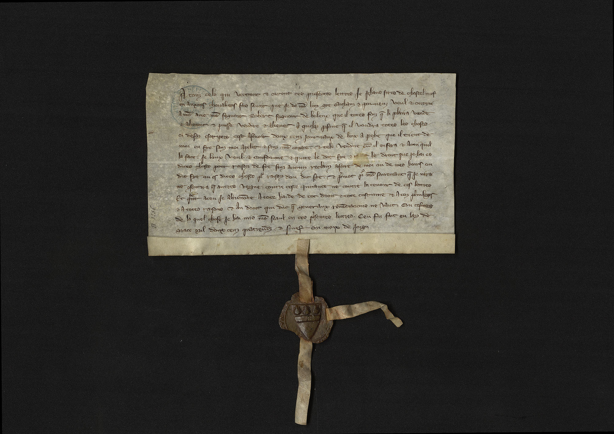 Lettre de Jean sire de Chateauneuf en Auxois qui consent au sire de Boileux le droit de vendre et aliéner des biens qu’il tient en fief dudit Jean de Châteauneuf. 1289.