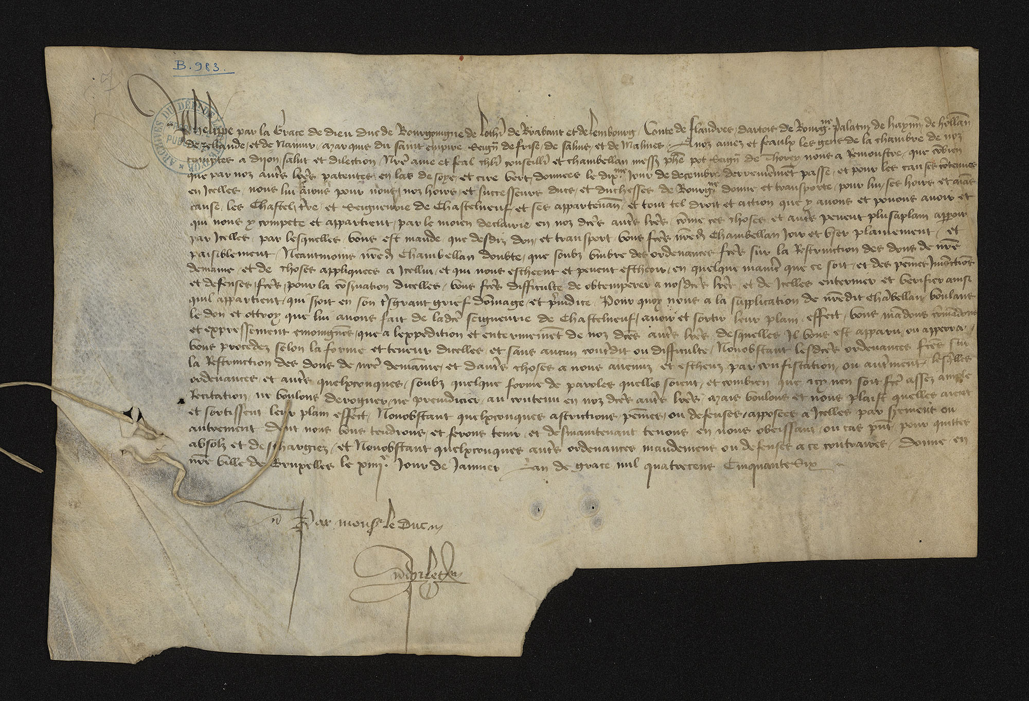 Document de Philippe le Bon aux gens de la Chambre des comptes à Dijon qui leur demande que, nonobstant la coutume de Bourgogne, ils remettent à Philippe Pot tous les documents concernant la possession de la châtellenie de Châteauneuf-en-Auxois.14 janvier 1457.