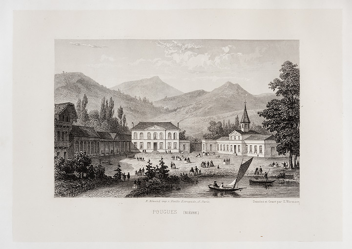 Vue du premier casino (au centre) entre la galerie de la source Saint-Léger et l'établissement thermal. ; Vue de l'établissement thermal (à droite) dans l'album (1862) de Johanny Berthier.