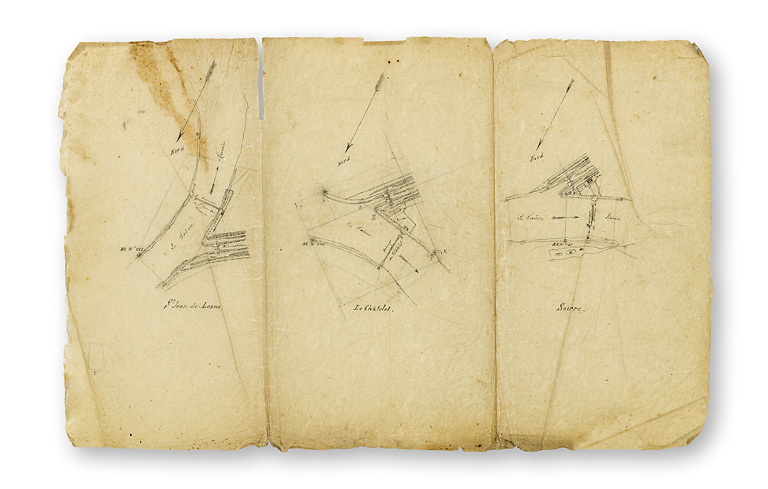 Dessin des barrages et de l'entrée des dérivations de St Jean-de-Losne, Le Châtelet et Seurre. [sans date].