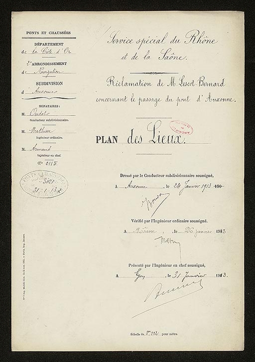 Réclamation de M. Lescot-Bernard concernant le passage du pont d'Auxonne. Plan des lieux. [Page de garde]. 1913.
