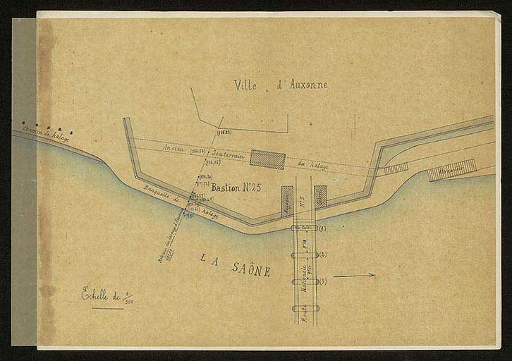 Réclamation de M. Lescot-Bernard concernant le passage du pont d'Auxonne. Plan des lieux. 1913.