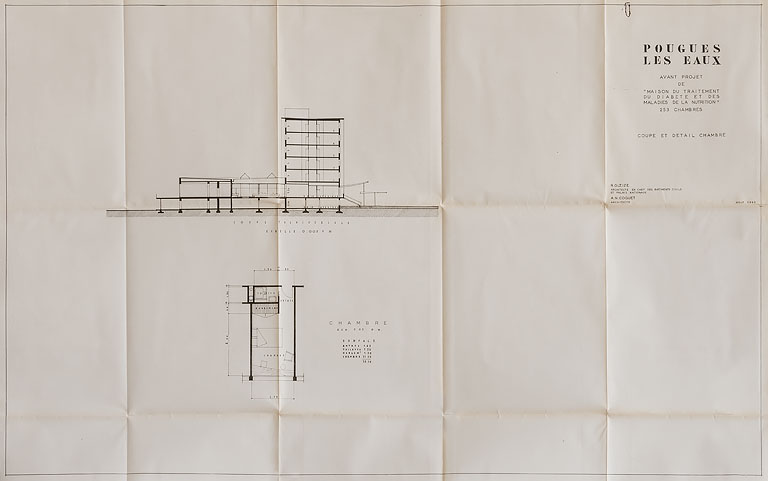 Avant-projet d'une maison du diabète dans le parc thermal, coupe transversale de l'édifice et plan d'une chambre (1960).