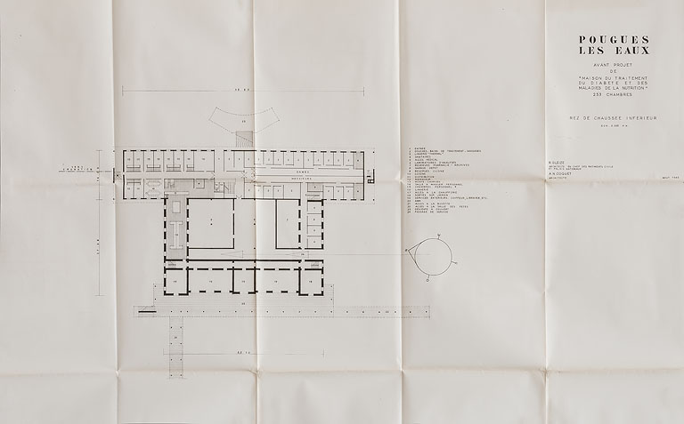 Avant-projet d'une maison du diabète dans le parc thermal, plan du rez-de-chaussée inférieur (1960).