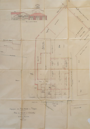 Plan général du bâtiment et élévation de la façade ouest en 1928.