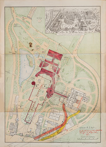 Plan d'ensemble (vers 1895-1896) sur lequel est esquissé le projet d'un nouvel établissement thermal établi par Ch. Arnaud (1904). ; Plan d'ensemble (vers 1895-1896) sur lequel est esquissé le projet d'un nouvel établissement thermal établi par Ch. Arnaud (1904).