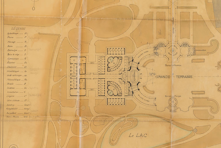 Plan général du projet de nouvel établissement thermal de Charles Arnaud (20 mai 1904), détail.