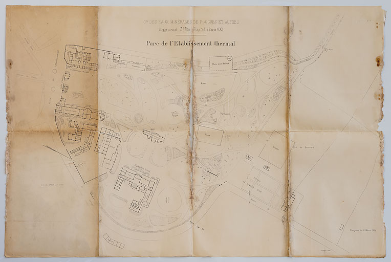 Plan du parc thermal (1906) avec aménagements des années 1920-1930. ; Situation de l'hôtel dans le parc thermal, plan (1906).