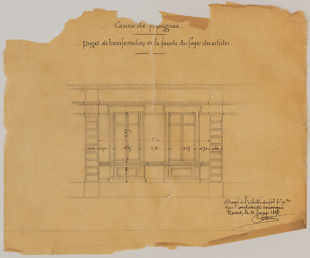 Élévation du foyer des artistes transformé en loges par Jean-Baptiste Potin en 1896.