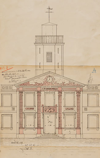 Façade principale de l'établissement figurant le décor en stuc grésé projeté (1911).