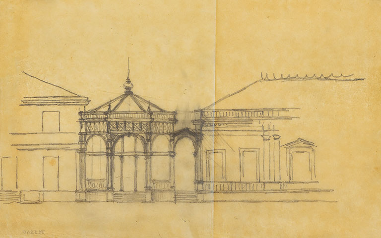 Croquis d'installation du kiosque d'Ernst Pantz entre le café-cercle (à gauche) et le casino (à droite).