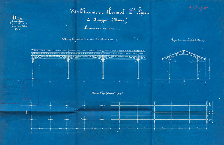 Promenoirs d'Ernest Panz (1895) : plan, coupe et élévation.