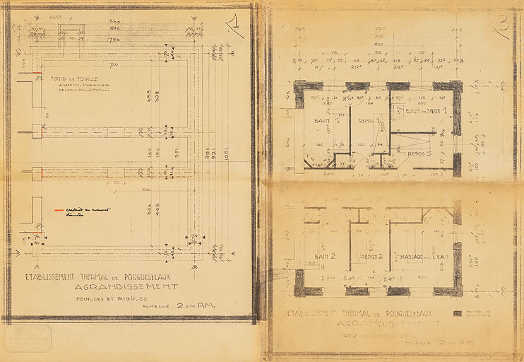 Projet de Massé et Riniéri (1934), plan des fouilles et du rez-de-chaussée du pavillon à construire.