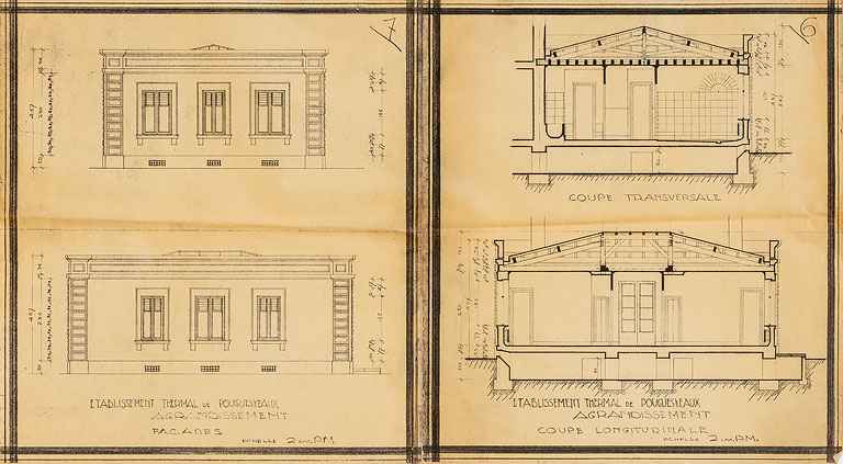 Projet de Massé et Riniéri (1934), coupes et élévations extérieures du pavillon à construire.