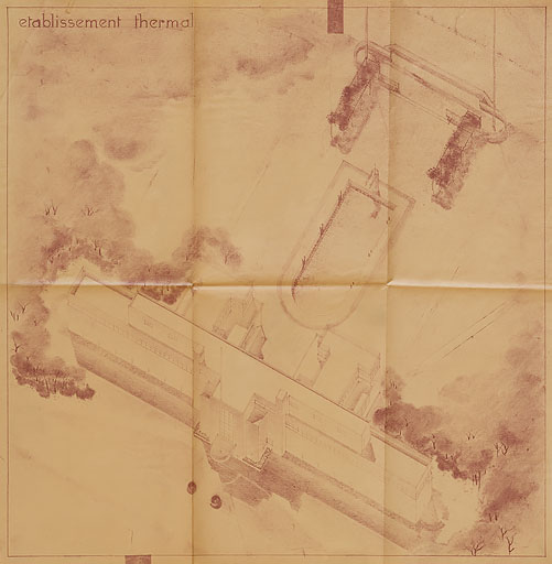 Projet de nouvel établissement thermal de Pol Abraham (1933) (projet B), vue aérienne.