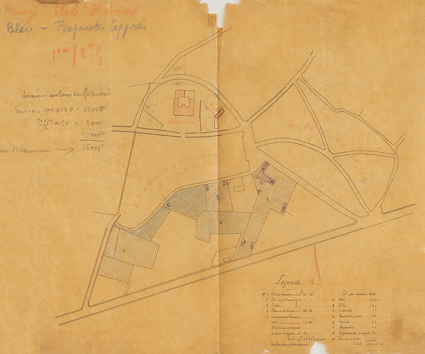 Plan-masse et de situation ancien (non daté) montrant l'hôtel (A), la villa (B), les cabinets (D), l'écurie (E) et les remises (F).