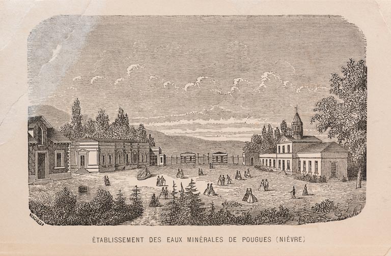 Vue du casino construit en 1860-1863 (à gauche) face à l'établissement thermal (à droite). ; Vue de l'établissement thermal (à droite) dans le guide (1860) de Félix Roubaud.